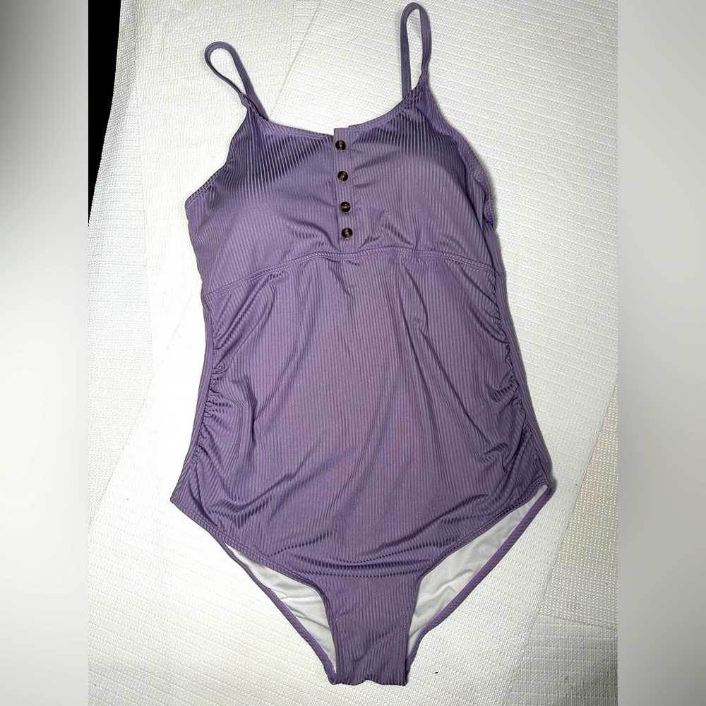 Women’s Swimsuit One Piece Purple Ribbed Lined Removable Pads Wireless Large EUC
